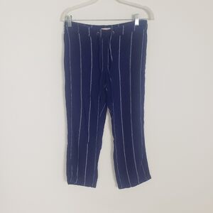 Per Se linen blend pants navy white stripes elastic drawstring crop straight S